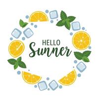 Circular design featuring lemons, mint leaves, and ice cubes with summer greeting text vector