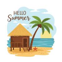 Tropical beach scene with a hut, palm tree, and sunset in the background vector