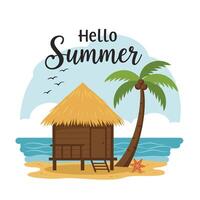 Tropical beach scene with hut, palm tree, and summer greeting in vibrant colors vector