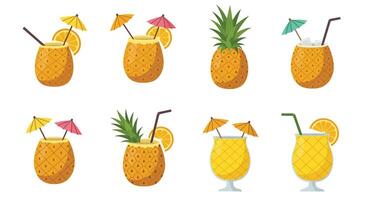 Collection of colorful tropical drinks served in pineapple cups with umbrellas and fruit garnishes vector