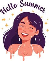 Smiling woman enjoying summer with joyful expression and playful water droplets vector