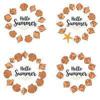 Summer-themed graphic with seashells and starfish in circular arrangement with text vector