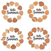 Summer-themed circular arrangement of various cookies and seashells with text vector