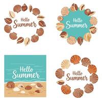 Illustrated summer theme featuring seashells in circular designs with text greetings vector
