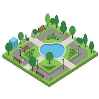 Park scene with trees and benches in flat art style showcasing vibrant colors and geometric shapes art vector