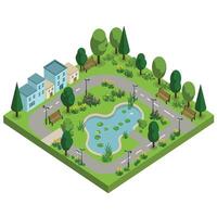 Park design with trees, benches, and water features in flat art vector