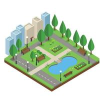 Park scene with trees, benches, and pond in minimal flat art vector