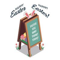 Easter event sign featuring colorful eggs with playful bunny ears in flat art vector