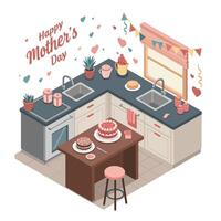 Kitchen scene celebrating Mothers Day in flat design style art vector
