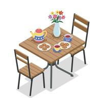 Cozy dining table setting with tea, cookies, and flowers in flat art vector