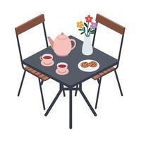 Cozy tea table setting with cookies and flowers in flat art vector