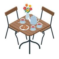 Cozy outdoor cafe table setting with tea and cookies in flat art vector