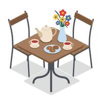 Cozy tea setup with cookies on wooden table in flat art vector