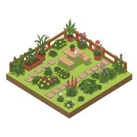 Detailed garden scene with greenery, flowers, and seating in flat art vector