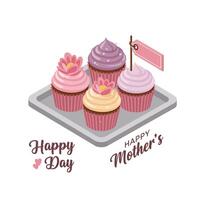 Cupcake display with colorful frosting in flat art style featuring Mothers Day theme illustration vector