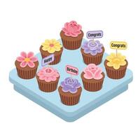 Cupcakes with colorful frosting and messages in flat art style vector