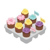 Colorful cupcakes with decorative frosting in a minimal illustration vector
