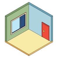 Isometric room design with door and window in flat art style illustration vector