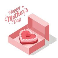 Heart-shaped cake in pink box with Mothers Day greeting in flat illustration vector