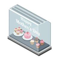Colorful display of cupcakes in a cake shop with flat design art vector