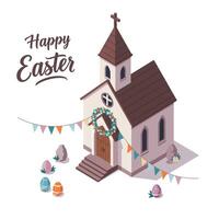 Charming Easter church scene with festive decorations in minimal art vector