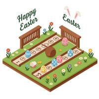 Easter egg hunt scene with playful elements in flat art vector