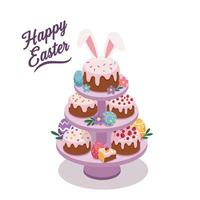 Easter-themed cake display with bunny ears in flat art vector