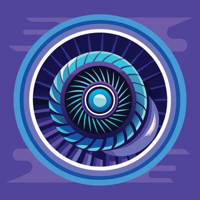 Jet Engine Turbine with Chrome Ring Radiating Retro Violet Hues