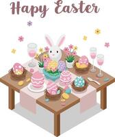 Easter celebration scene featuring colorful eggs and bunny in flat art vector