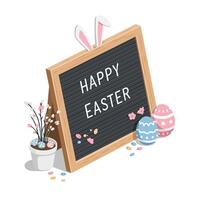 Cute Easter decoration with chalkboard message and colorful eggs in flat art vector