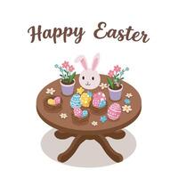 Bunny surrounded by Easter eggs and flowers on a round table in flat art vector