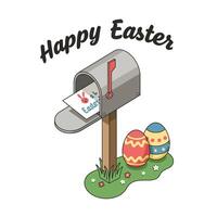 Easter mailbox with colorful eggs and greeting text in flat art vector