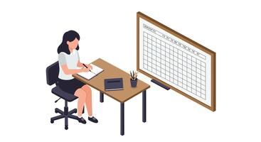 Woman working at office desk with documents and digital tablet in modern flat style illustration vector