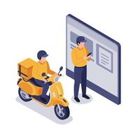 Delivery person in yellow uniform with scooter and digital screen using mobile phone flat design illustration vector