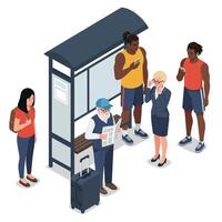 Diverse group of people waiting at bus stop using mobile devices in modern flat style illustration vector