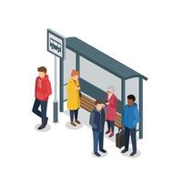 Diverse group of people waiting at modern bus stop shelter in isometric minimal flat design illustration vector