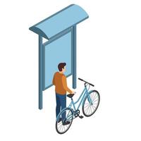 Young man standing with bicycle at bus stop shelter in isometric minimal illustration vector
