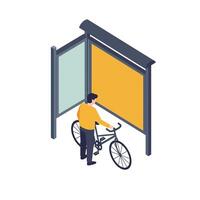 Man with bicycle standing at bus stop shelter holding bike in flat minimal art vector