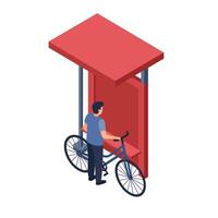 Man with bicycle waiting at red bus stop shelter in isometric flat design illustration vector