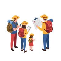 Group of four hikers in casual clothing with backpacks and hats checking map and mobile devices in flat design illustration vector