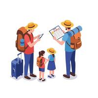 Family of four tourists with backpacks and hats planning travel route using map and smartphone flat colorful illustration vector
