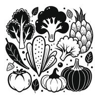 Cartoon Collection of Black and White Vegetables in Fun and Whimsical Illustrations vector