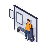 Young man with guitar case waiting at bus stop in isometric minimal style illustration vector