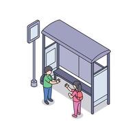 Two people waiting and interacting at a modern bus stop shelter with digital sign in isometric flat illustration vector