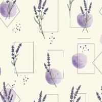 Lavender sprigs with abstract purple watercolor shapes and minimal geometric frames seamless pattern in flat style illustration vector