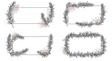 Elegant floral and leaf decorative frames with ink splashes in minimal black line style illustration vector