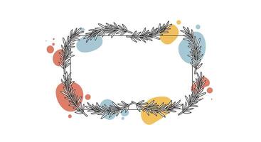 Delicate hand-drawn floral wreath frame with colorful abstract shapes minimal style illustration vector