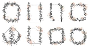 Decorative floral wreaths and frames with detailed botanical elements in delicate flat design illustration vector