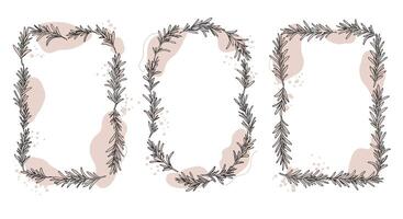 Elegant minimal botanical rectangular and oval frames with delicate leaf garlands and soft beige brushstrokes flat design illustration vector