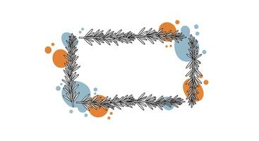 Decorative rectangular floral frame with black leaf branches and abstract blue and orange paint splashes in minimal flat style illustration vector